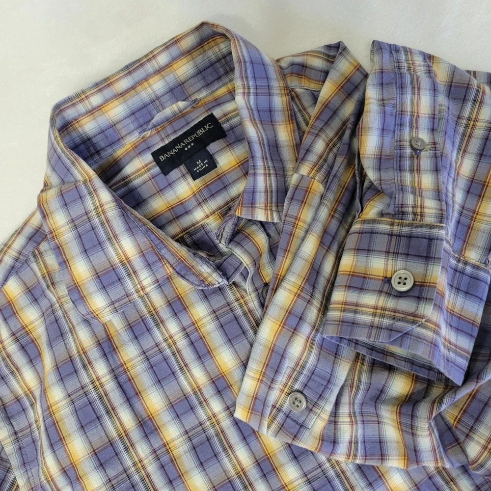 Banana Republic Mens Medium Purplr &‎ Tan Button Down Long Sleeve Plaid Check